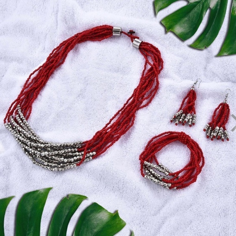 Red seed bead necklace, earrings & bracelet set